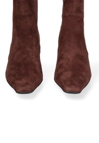 Stivali alla caviglia in suede marrone con design a punta e texture liscia. Presentano una silhouette elegante e una suola nera minimalista.