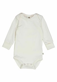 Bílé bodysuit s dlouhým rukávem vyrobené z měkké bavlny, s kulatým výstřihem, patentkami na spodní části a žebrovanými manžetami.