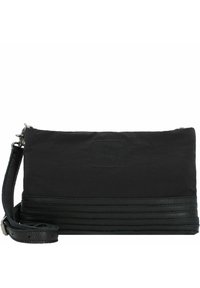 Svart clutch-vask med läderdetaljer, tillverkad av nylon. Har en strukturerad, randig design i botten och ett avtagbart band.