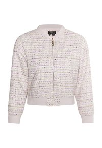 Jachetă scurtă din tweed crem cu fire de violet și aur. Prevazută cu fermoar frontal, guler ribbed și manșete și tiv ușor elasticizate.