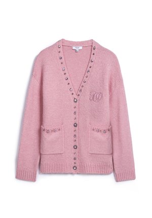 Roze cardigan van gestructureerde stof, met een V-hals, decoratieve knopen, twee voordozen en een geborduurd logo aan de linkerkant.