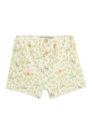 Shorts en tissu doux, présentant un fond crème avec des motifs d'herbe verte et de fleurs colorées. Deux boutons en bois à la ceinture.