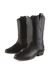 Black leather cowboy boots featuring a crocodile texture, pointed toe, and western-style stitching, with a side zipper and low heel.