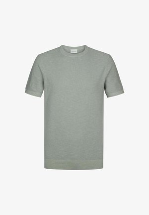 Koszulka z krótkim rękawem w jasnym zielonym kolorze, wykonana z teksturowanej tkaniny, z okrągłym dekoltem oraz ściągaczami przy mankietach i dole.