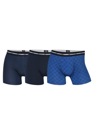 Tre par herre boxershorts: mørkeblå, marineblå ensfarvet og et mønstret blå med diamantformer; elastisk talje med logo.