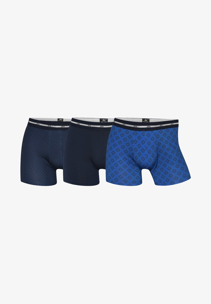 Tre par herre boxershorts: mørkeblå, marineblå ensfarvet og et mønstret blå med diamantformer; elastisk talje med logo.