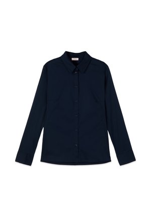 Mørk navyblå langærmet skjorte med knapper ned foran, spidst krave og skræddersyet pasform på hvid baggrund.