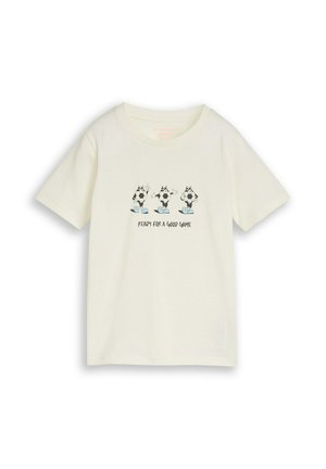 Weißes T-Shirt mit kurzen Ärmeln mit drei Comic-Fußbällen, die blaue Schuhe tragen, und dem Text „READY FOR A GOOD GAME“ zentriert auf der Vorderseite.