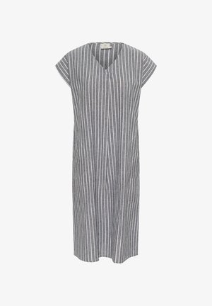 Hallitatud lühikeste varrukatega halli triibulise kleidi V-kaelus ja lõdva istuvusega, millel on vertikaalsed valged triibud ja põlve pikkus.