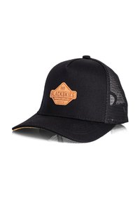 Șapcă de baseball neagră cu vizor curbat, față din țesătură neagră și spate din plasă. Dispune de o etichetă din piele bej cu "BLACKSKIES" și detalii.