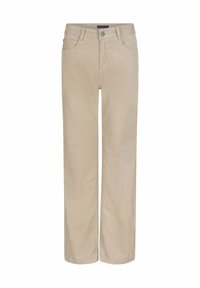 Beige katoenen broek met een rechte snit, voorzien van zijzakken en een knoopsluiting. Glad textuur met een klassiek ontwerp.