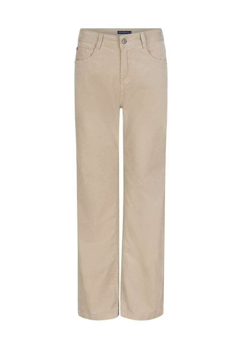 Beige katoenen broek met een rechte snit, voorzien van zijzakken en een knoopsluiting. Glad textuur met een klassiek ontwerp.