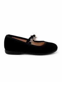 Black velvet ballet flat with a round toe, fitted strap adorned with silver star accents, and a smooth black sole.