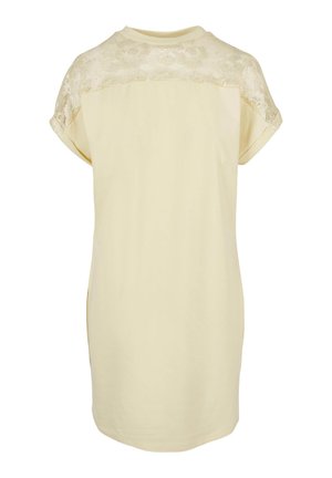 Žluté krátké šaty s krátkým rukávem a krajkovým horním dílem na zádech. Látka je hladká, s kulatým výstřihem a mírným zakřivením na lemu.