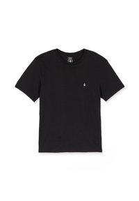 Camiseta negra de manga corta y cuello redondo con un pequeño logotipo geométrico blanco en el lado izquierdo del pecho, colocada plana sobre un fondo blanco.