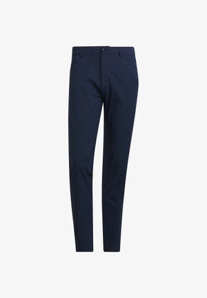 Chinos azul marino de corte slim, confeccionados en tejido ligero, con trabillas para cinturón, cierre frontal con botón y bolsillos laterales.