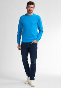 Felpa blu con scollatura a girocollo, polsini e orlo a costine, abbinata a jeans scuri e sneakers bianche. Presenta un piccolo logo sul petto.