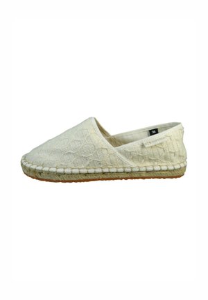 Espadrille beige à enfiler avec dessus en tissu texturé, semelle enveloppée de corde et étiquette de taille 36 à l'intérieur.