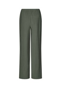 Pantalons larges verts en tissu léger. Dotés d'une taille élastique et d'une seule poche arrière. Texture lisse avec une coupe décontractée.