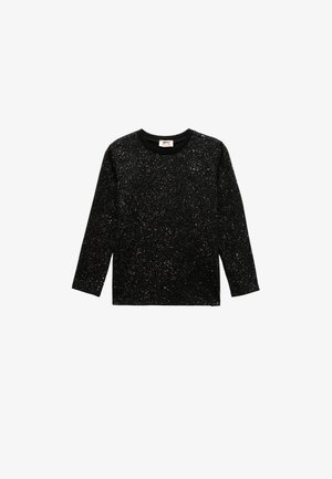 Zwarte lange mouwen shirt met een ronde halslijn, voorzien van een sprankelende textuur en kleine kleurrijke vlekken doorheen. Katoenen stof, ontspannen pasvorm.