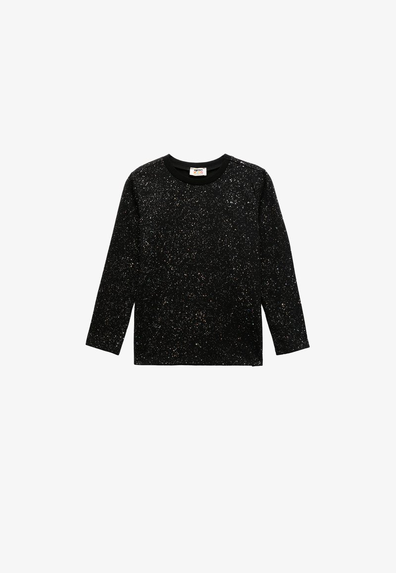 Sort langærmet skjorte med rund halsudskæring, der har en glitrende tekstur og små farverige prikker over det hele. Lavet af bomuldsstof, afslappet pasform.