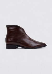 Bottine en cuir marron avec un bout pointu et un design minimaliste. Elle présente un petit talon carré et une texture lisse.