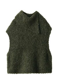 Zelena, teksturirana pletena prsluk s visokim ovratnikom, bez rukava i slobodnim krojem. Materijal izgleda mekano i pahuljasto.