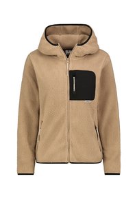 Beige Fleece-Hoodie mit einer schwarzen Brusttasche, Frontreißverschluss und seitlichen Taschen. Besitzt einen strukturierten Stoff mit einem weichen, warmen Aussehen.