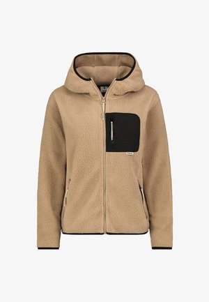 Beige Fleece-Hoodie mit einer schwarzen Brusttasche, Frontreißverschluss und seitlichen Taschen. Besitzt einen strukturierten Stoff mit einem weichen, warmen Aussehen.