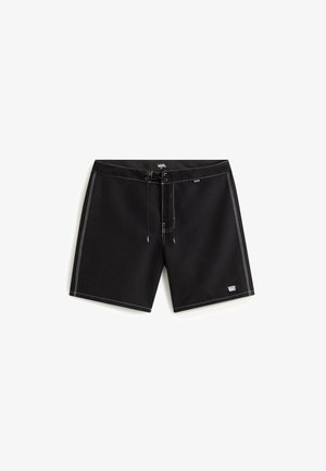 Czarne szorty kąpielowe Vans z białym przeszyciem, sznurkiem z przodu oraz małymi logo Vans na pasku i nogawce.