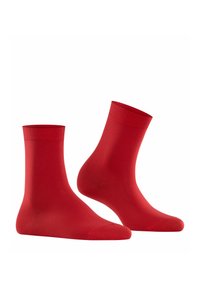 Calzini crew in cotone rosso con una texture liscia e punta rinforzata. Cuffia corta a costine per una vestibilità sicura. Design minimalista, senza pattern aggiuntivi.