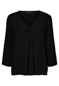 Schwarze V-Ausschnitt-Bluse mit Drei-Viertelärmeln, aus strukturiertem Stoff und in lockerer Passform, mit Falten-Detail in der Mitte vorne.