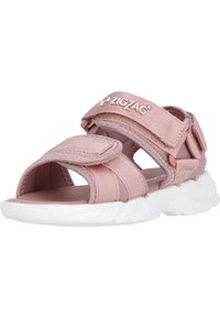 Rosa Stoffsandalen mit offenem Zehen- und Fersenbereich, ausgestattet mit verstellbaren Riemen und einer gepolsterten weißen Sohle für Komfort und Unterstützung.