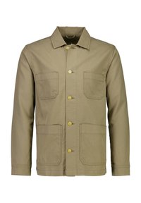 Kurtka khaki wykonana z wytrzymałej tkaniny, z ostrym kołnierzem, czterema przednimi kieszeniami i żółtymi guzikami; prosty krój i długie rękawy.