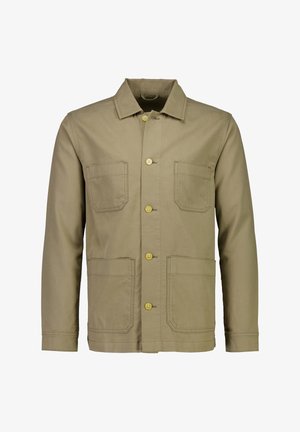 Giacca kaki realizzata in tessuto resistente, con colletto a punta, quattro tasche frontali e bottoni gialli; taglio dritto e maniche lunghe.