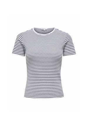 Hvid tætsiddende t-shirt med korte ærmer med tynde sorte vandrette striber og rund halsudskæring.