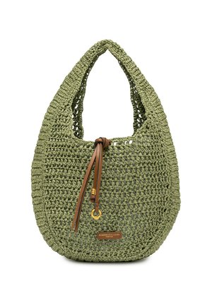 Sac à main tissé vert de forme arrondie, poignée unique, cordon en cuir marron et une petite étiquette de marque à l'avant.