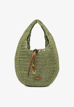 Borsa intrecciata verde con forma arrotondata, manico singolo, coulisse in pelle marrone e piccola etichetta con marchio sul davanti.