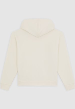 Felpa color crema realizzata in tessuto morbido, con un grande cappuccio e polsini e orlo a coste. Design semplice, senza motivi o dettagli visibili.