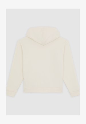 Krämfärgad hoodie tillverkad av mjukt tyg, med en stor huva och ribbade ärmslut och nederkant. Enkel design, inga synliga mönster eller detaljer.