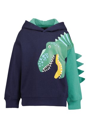 Granatowo-zielona dziecięca bluza z kapturem z grafiką głowy dinozaura z przodu oraz materiałowymi kolcami na jednym rękawie i na plecach.