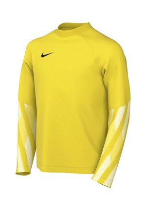 Langærmet gul sportsjersey med ribbet krave, Nike-logo på brystet og gule og hvide diagonale striber på ærmerne.