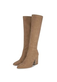 Botas hasta la rodilla en ante topo, con punta afilada y tacón cuadrado. Textura suave con detalles de costura en contraste.
