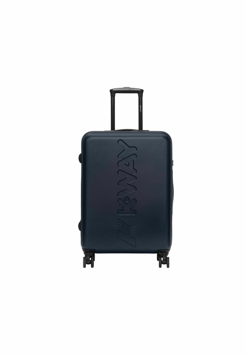 Valigia rigida blu navy con logo in rilievo, manico estraibile e quattro ruote girevoli per una facile manovrabilità. Texture liscia e forma aerodinamica.