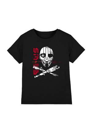 Schwarzes Baumwoll-T-Shirt mit einem Grafikdesign von einem Totenkopf und gekreuzten Werkzeugen in Weiß, rotem Text, mit einer abgenutzten Textur und einem auffälligen Design.