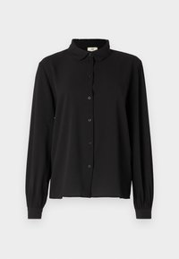 Black long-sleeve shirt with a collared neck and button front. Features a smooth texture and elastic cuffs. Simple and classic design.