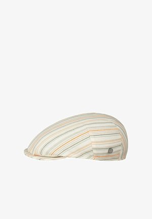 Beige flat cap with thin orange, yellow, and gray stripes, viewed from the side, featuring a small metal button accent.