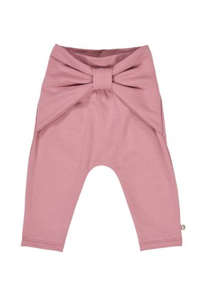 Helle rosa Baumwollleggings mit einem breiten, gebundenen Bogen an der Taille und schmal zulaufenden Beinen. Einfaches Design ohne Muster oder zusätzliche Beschläge.