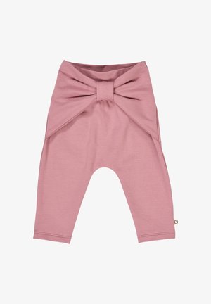 Světle růžové bavlněné legíny se širokou, uvázanou mašlí v pase a zúženými nohavicemi. Jednoduchý design bez vzorů nebo dalších prvků.