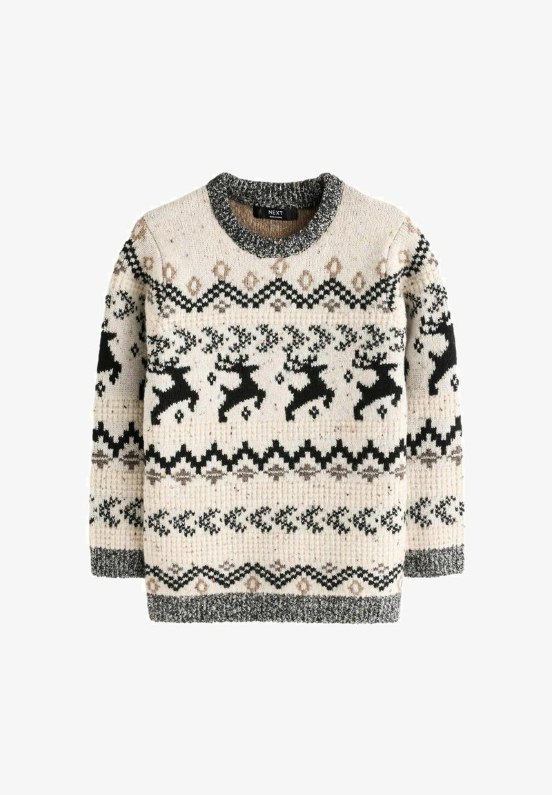 Strickpullover mit einer cremefarbenen Basis und schwarzen Rentiermustern, grauen Akzenten und einem strukturierten Design. Runder Kragen mit einem dunkleren Saum.